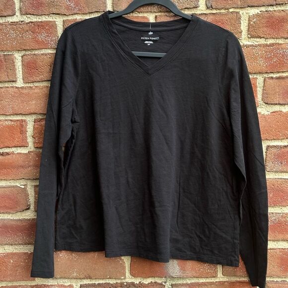 Eileen Fisher Women's $78 Organic Cotton Slub V-Neck Top black XXS - Picture 1 of 4